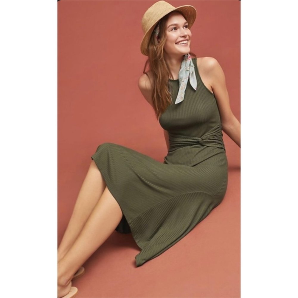 Green Anthropologie Ribbed Racerback Handkerchief Hem Sleeveless Dress (NWT) - Picture 3 of 5